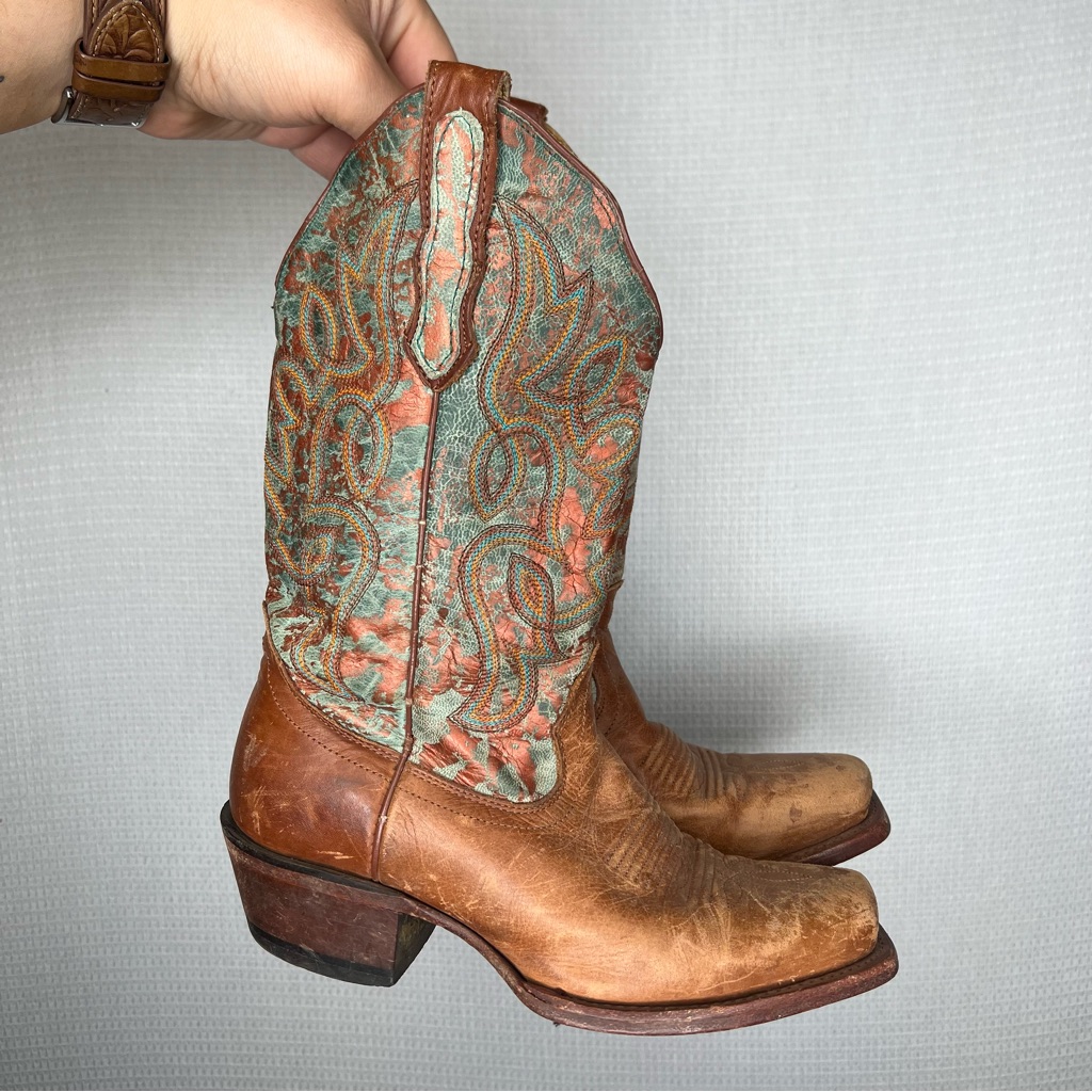 Nocona | Size 5 Green And Brown Heeled Boots With Western Stitching
